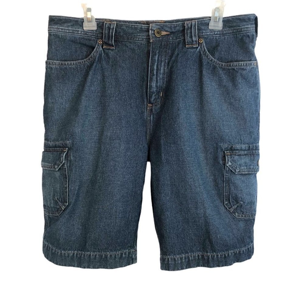 Duluth Trading  Cargo Jean Shorts Med Wash High Rise Ladies 12